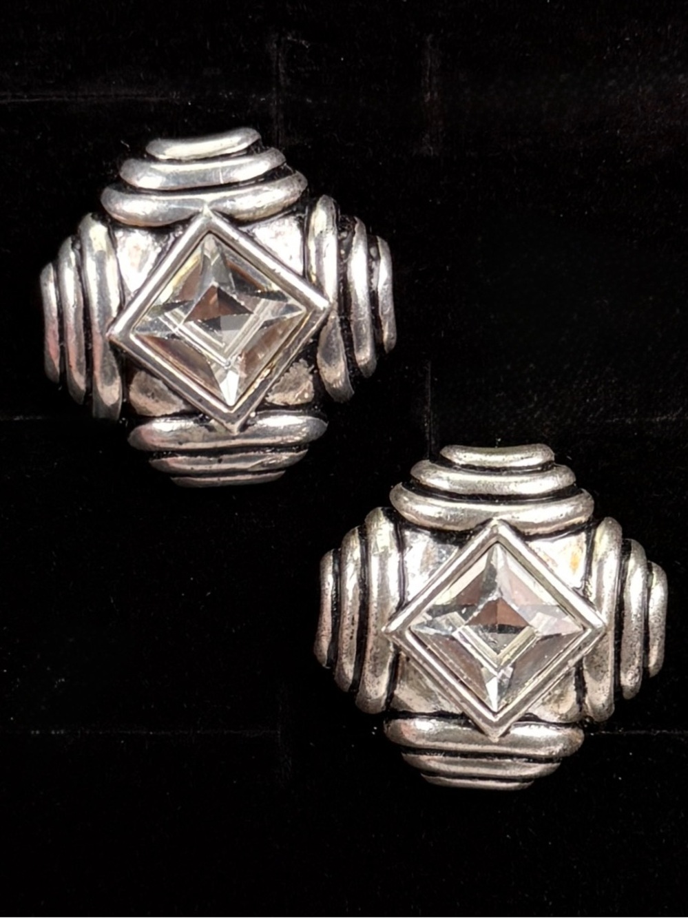 Vintage Silvertone, clear bling, modernist weighted clip on earrings